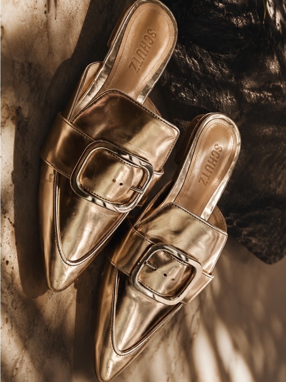SCHUTZ Women’s Metallic Gold Pointed Buckle Mules size 7